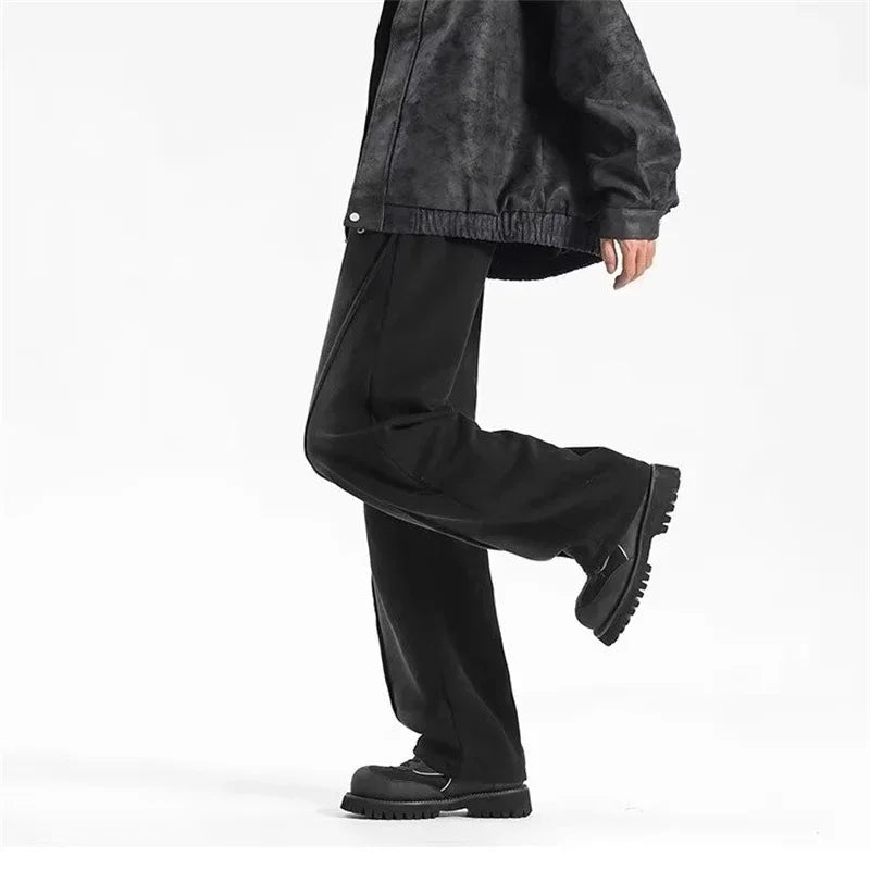 Autumn Men's High Street Pleated Straight Pants Korean Fashion Elastic Waist Pockets Trousers Y2K Vintage pantalones hombre