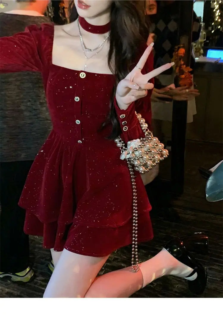Women's Slim Fit A-line Velvet Dress, Christmas Clothes, Square Collar, Long-sleeved, Red, Sweet, Hot Girl, Autumn Winter