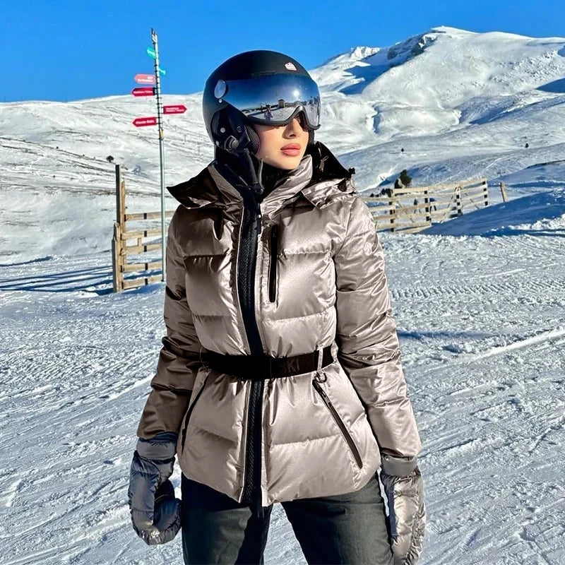 Fashion Hooded Padded Coats With Belt Women Slim Stand Collar Full Sleeve Pocket Coat Winter Lady Thicken Warm Skiing Jacket