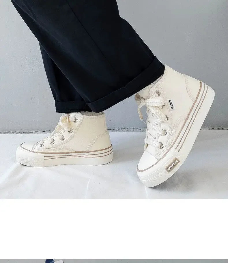 Spring 2025 Women's Canvas Sneakers High-Top Sporty Casual Shoes Student Fashion Trendy Design Synthetic Inner Rubber Sole