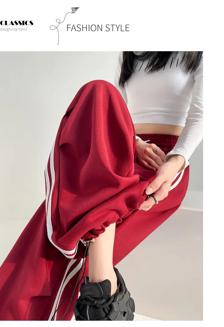 New 2025 American Stripe Sports Pants Women's Spring Autumn Wide Leg Loose Jazz Dance Casual Parachute Long Trousers