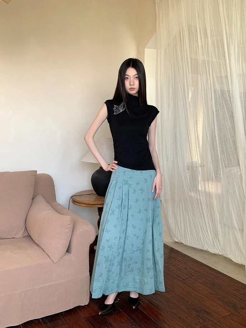 CHEERART Vintage Butterfly Sleeveless Black T Shirts Women Turtleneck Asymmetrical Top Designer Fashion Crop Top Clothing