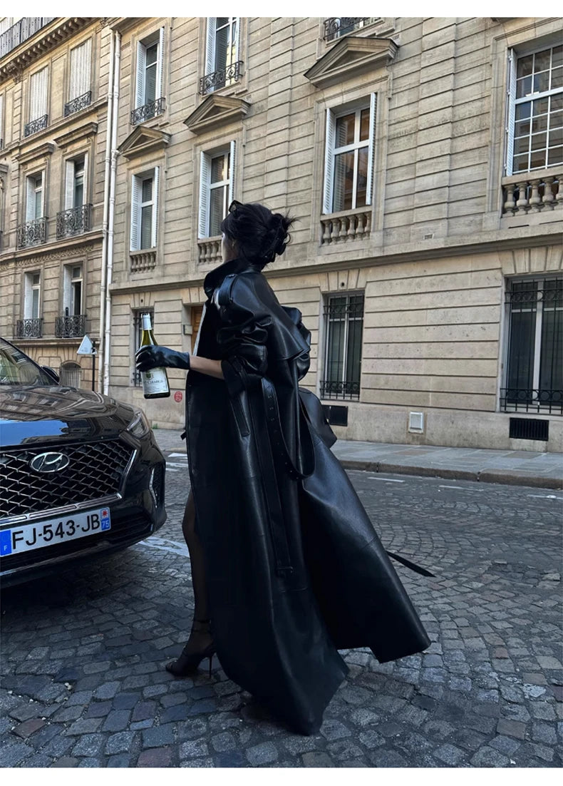 Lautaro Spring Autumn Extra Long Black Pu Leather Trench Coat for Women with Back High Slit Luxury Chic European Fashion 2024