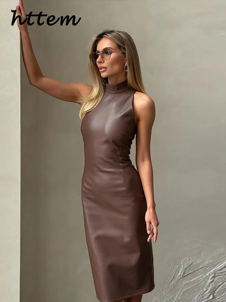 Vintage Midi Leather Dress Women Slim Turtleneck Sleeveless Hip Package Female Dresses 2025 Spring Lady Elegant Party Vestidos