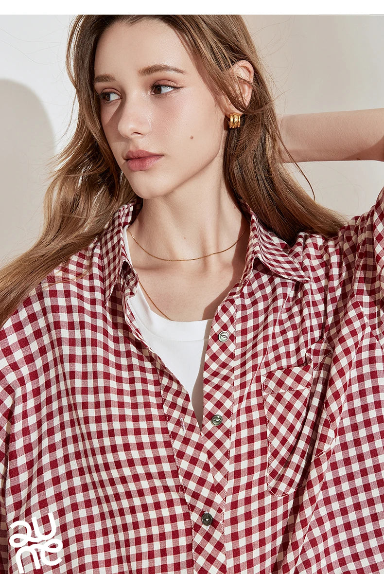 TOYOUTH Women Long Sleeve Blouse Shirt 2025 Spring New Cotton Plaid Retro Turn Down Collar Casual Shirt Tops