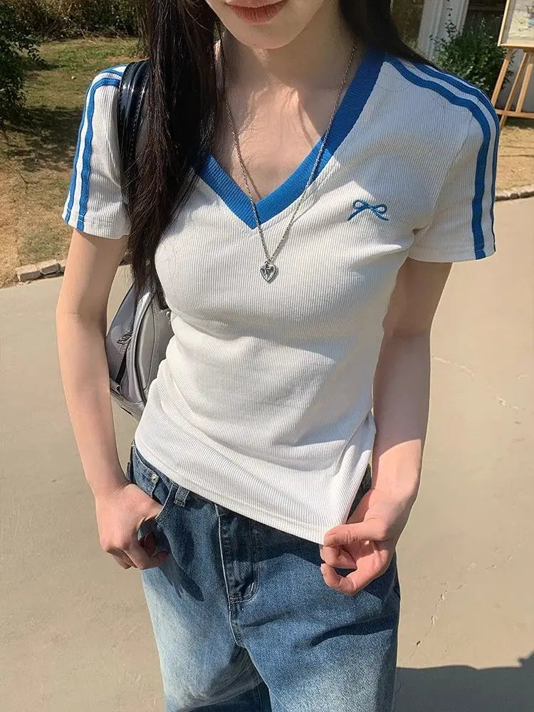 Women Clothing Summer Fashion Casual Striped Color Blocking V-neck Ladies Ladies Simplicity All-match Appear Thin Short Sleeve