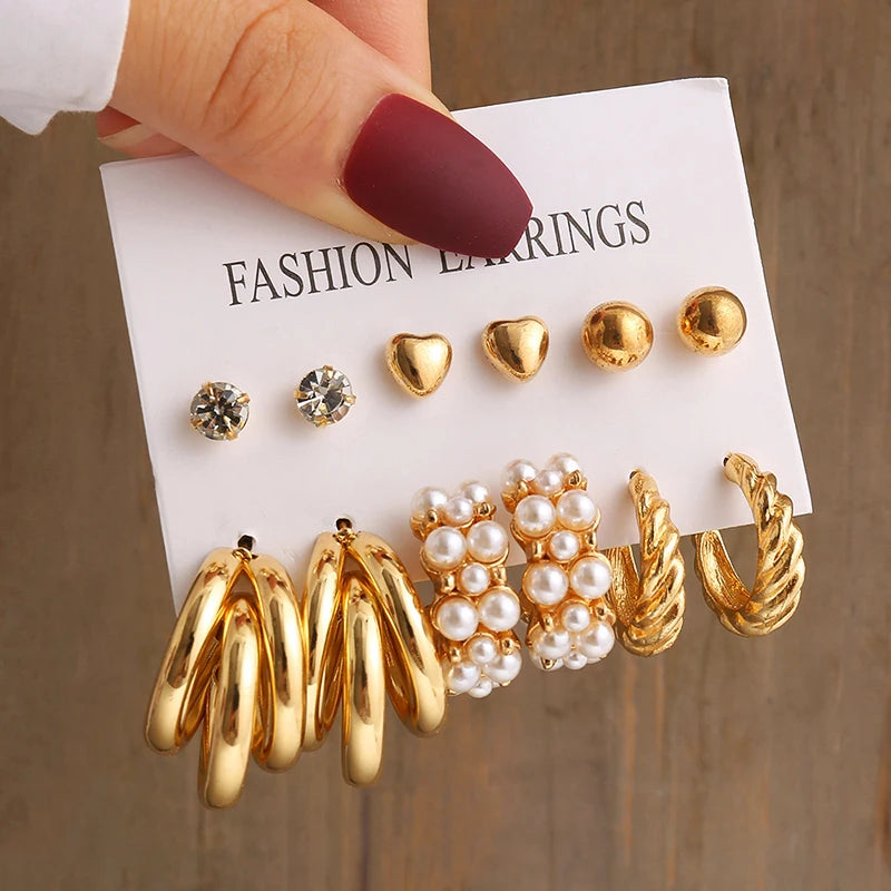 Gold Color Vintage Geometry Pearl Earrings Set Metal Twine Square Dangle Earrings Round for Women Simple Trendy Party Jewelry