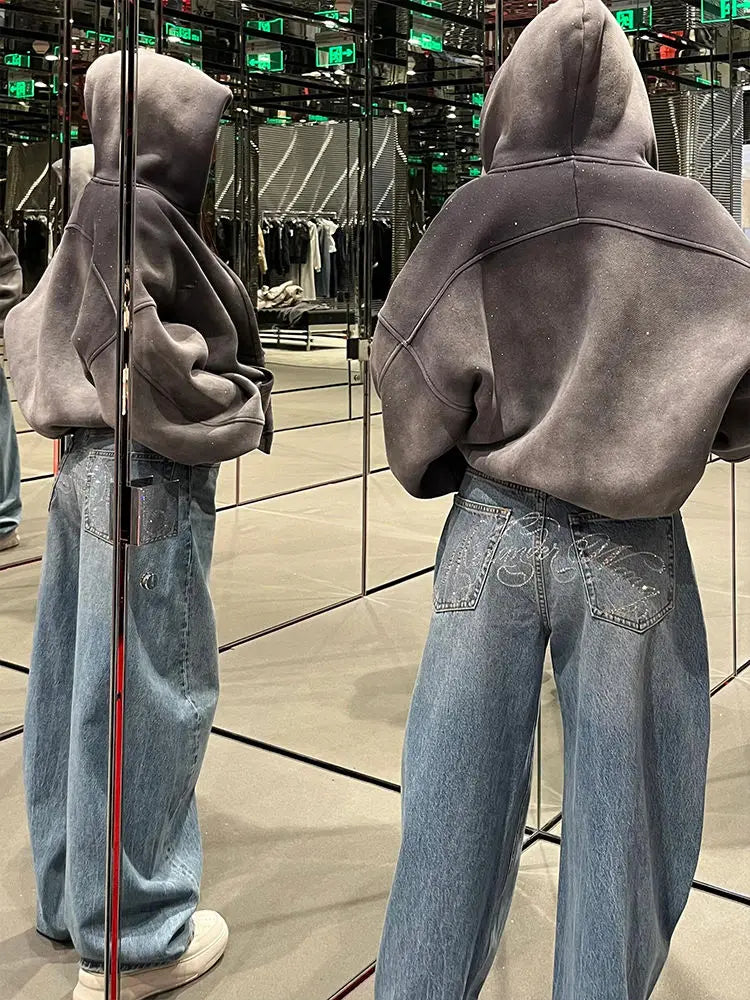 Letter Hot Diamonds High Waited Jeans Woman Street Fashion Baggy Jeans Women Clothing Casual Versatile Pants Women