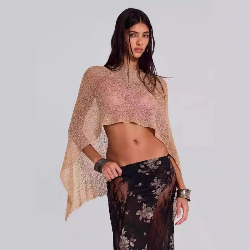 JadedLondon golden knitted hollowed-out one-piece top, neckband shawl, multiple ways to wear, vacation style halter top