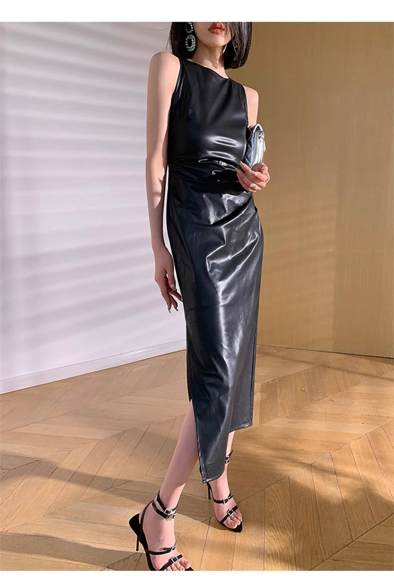 Lautaro Spring Autumn Sleeveless Backless Black Stretchy Blue Soft Faux Leather Midi Tank Dress Women Slim Fit Long Dresses 2023