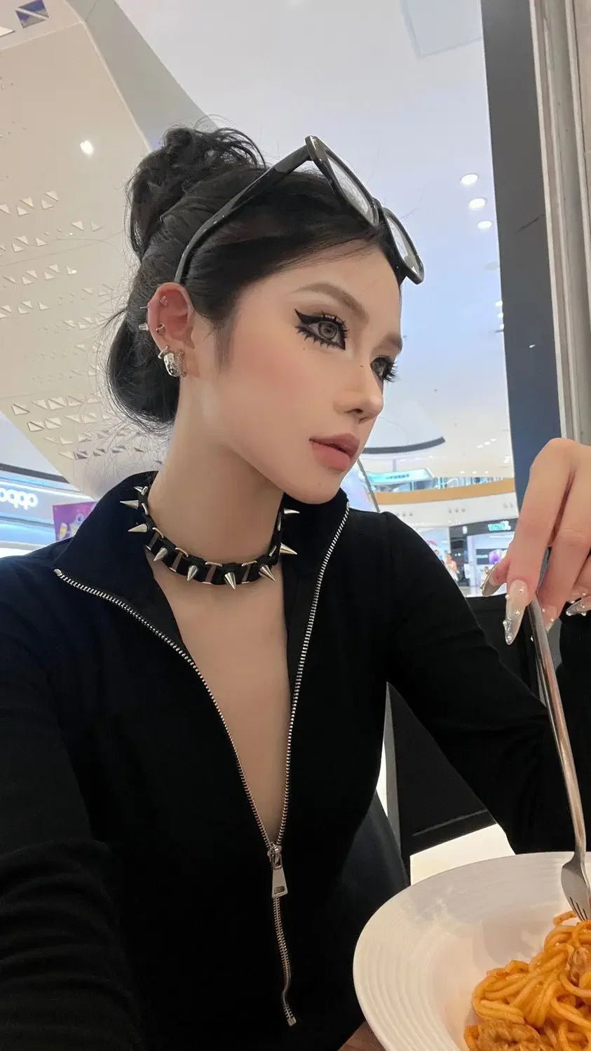 2024 Harajuku Designer Black Jumpsuits Y2k Aesthetic Bodycon Simple Fairy Zipper Tshirt Women Slim Fit Streetwear T Shirt Spring