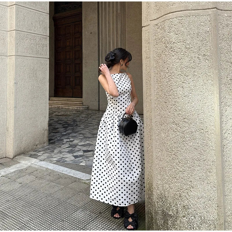 Elegant Women Polka Dot Maxi Dresses Chic Sleeveless Round Neck High Waist Slim Long Vestidos 2025 Lady Party Street New Dress