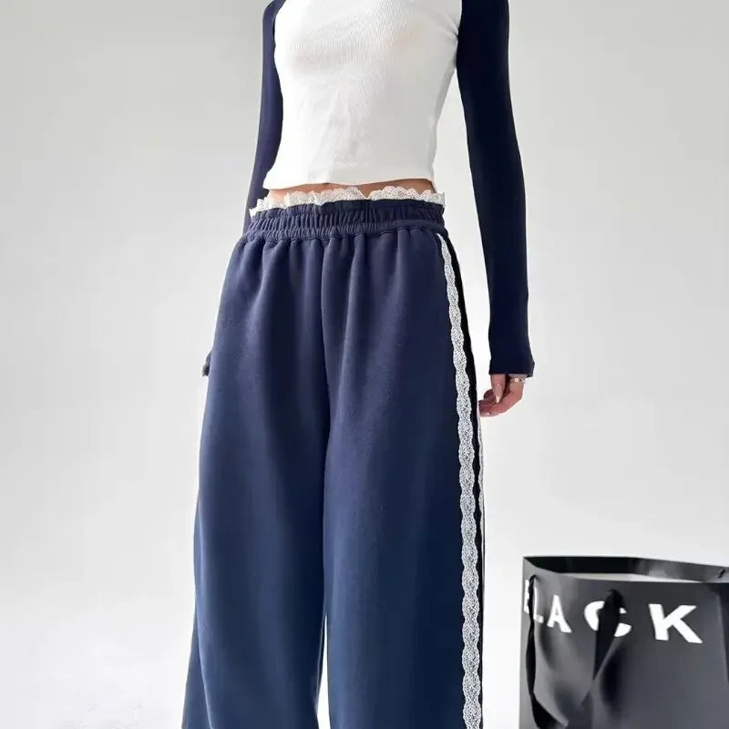 Trendy Casual Wide Leg Pants Women's Autumn Winter High Waist Splicing Lace Trim Drapey Slimming Sporty Trousers