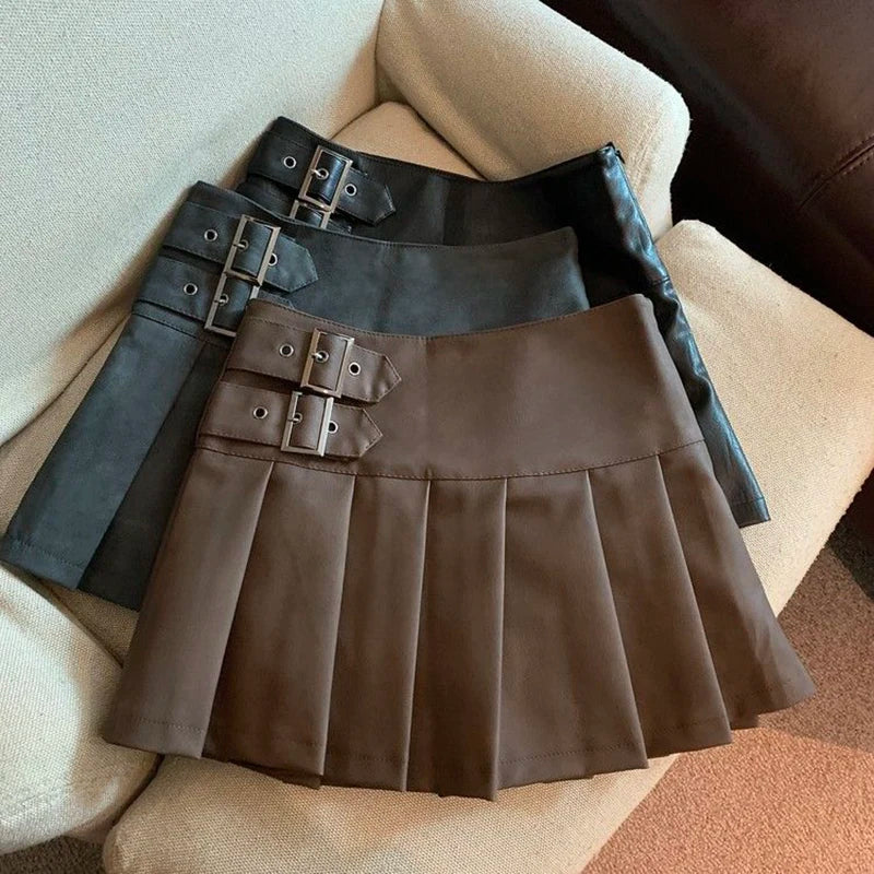 MEXZT S-3XL Y2K Pu Leather Mini Skirts Women Streetwear High Waist Pleated Skirt Vintage Korean Black Slim Casual A Line Skirts