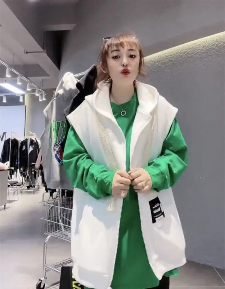 Oversized Hooded Sweatshirt Vest Female Hip Hop Streetwear Sleeveless Jacket 2023 New Cardigan Outerwear Korean Fashion Casual