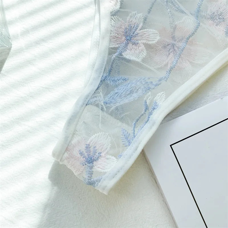 Women's Ultra-thin Cup Bra & Brief Sets Mesh Lace Underwear Set Transparent Beauty Back Hollow Embroidery Lingerie Set