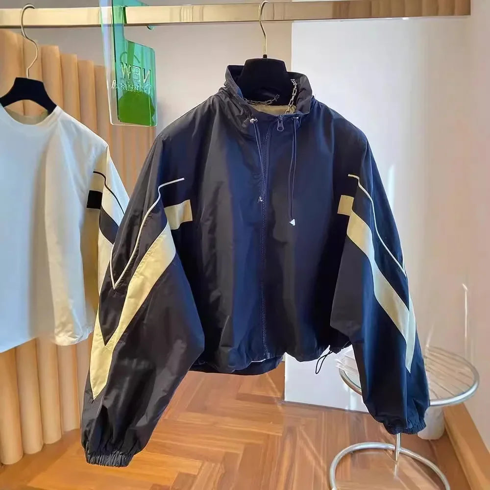 2024 New Design SensibilityNiche Loose-Fit Casual Drawstring Stand Collar Jacket Women's Spring Autumn Baseball Uniform