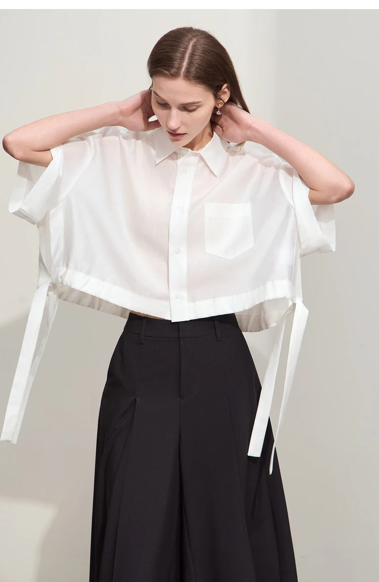 Amii Minimalism 2024 Women Shirt Summer New Lapel Casual Loose Short Belt Female Drop Sleeves Solid Fashion Blouse Tops 12452020