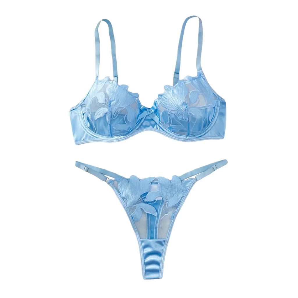 Women'S 2 Piece Lingerie Set Floral Embroidered Lace Sexy Satin Mesh Ingerie Bra And Panty Set Negligee Lingerie Sexy