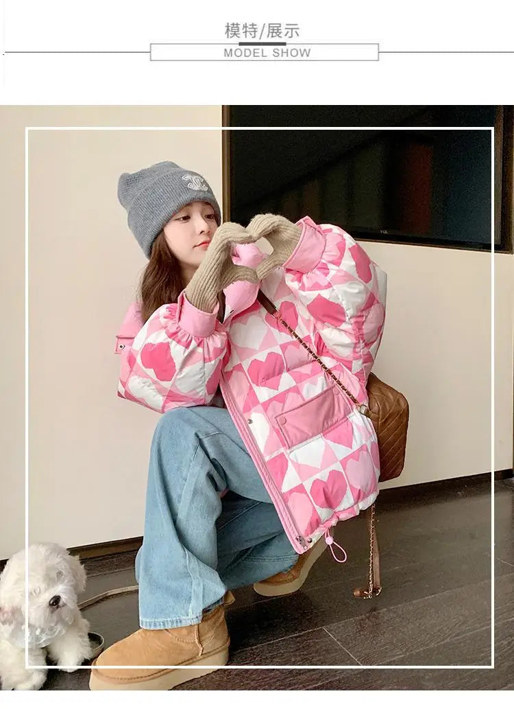 Duck Down Coat for Women, Loose and Thicken Hooded Parkas, Printed Outerwear, Female Bread Jackets, Winter Clothing, New, 2024