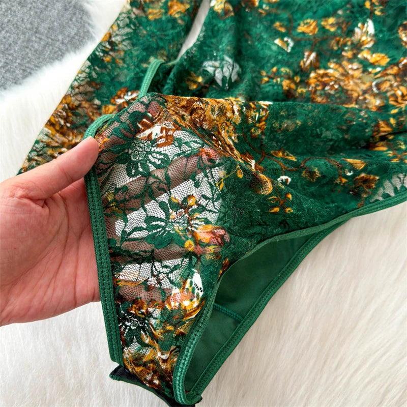 Women's Green Lace Jumpsuits Vintage Skinny Playsuits Harajuku Long Sleeve Square Collar Exotic Sexy Rompers Coquette Clothes