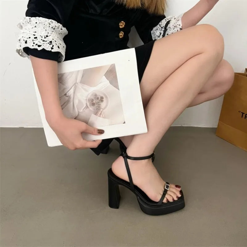 New High-heeled Women's Shoes with Square Toe and Straight Buckle Thick Heel Platform Sandals Shoes for Women