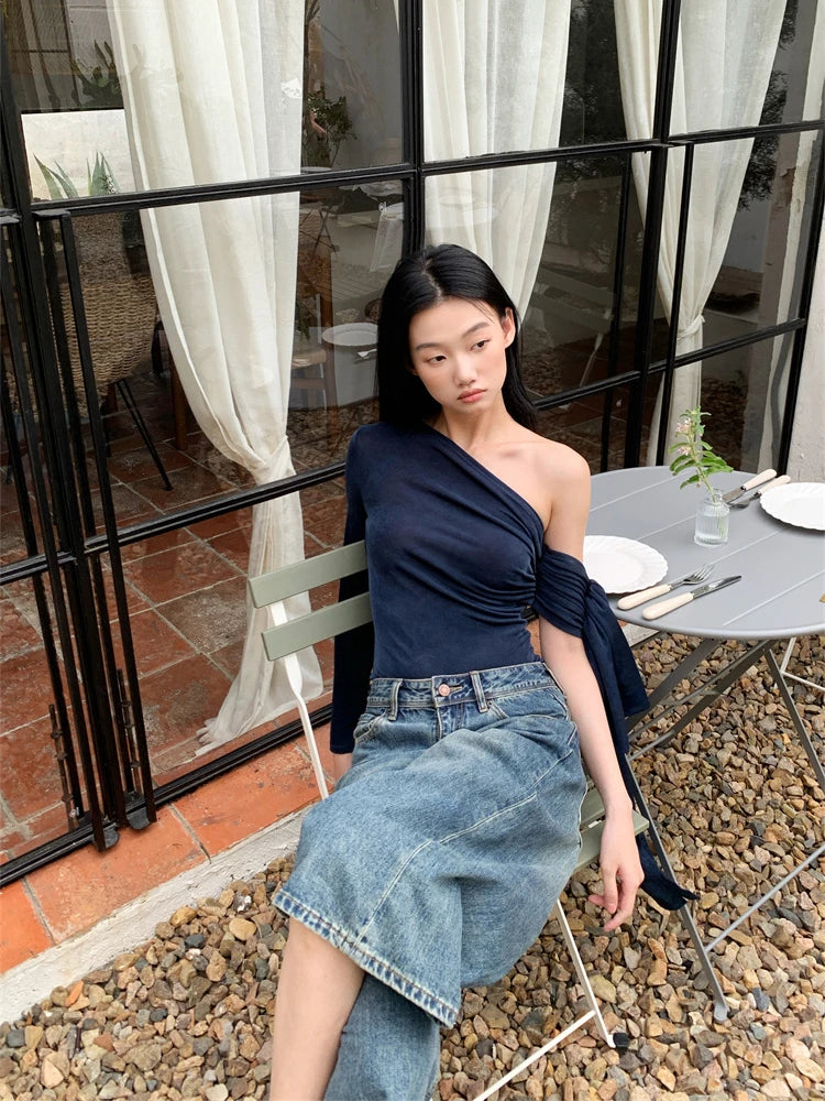 CHEERART Off The Shoulder Designer Top For Women 2024 Long Sleeve T Shirt Fashion Tees Kintted Top Fall Clothes