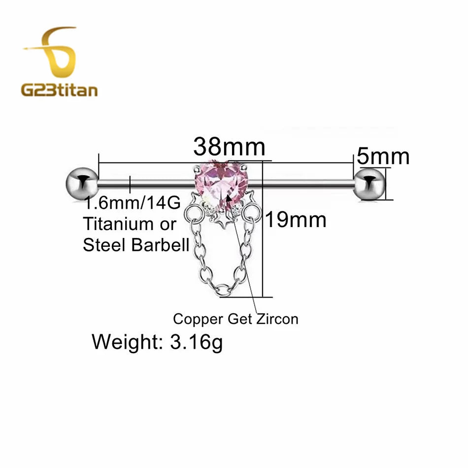 14G Titanium Industrial Barbell Dangling Chain Pink CZ Zircon Heart Star Ear Cartilage Helix Earring Women Girl Piercing Jewelry