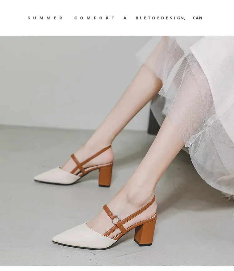 Shoes for Pumps Summer Elegant Chunky High Heels Pointed Toe Baotou Solid Ladies Shoes  Female Sandals Zapatillas Mujer 2024