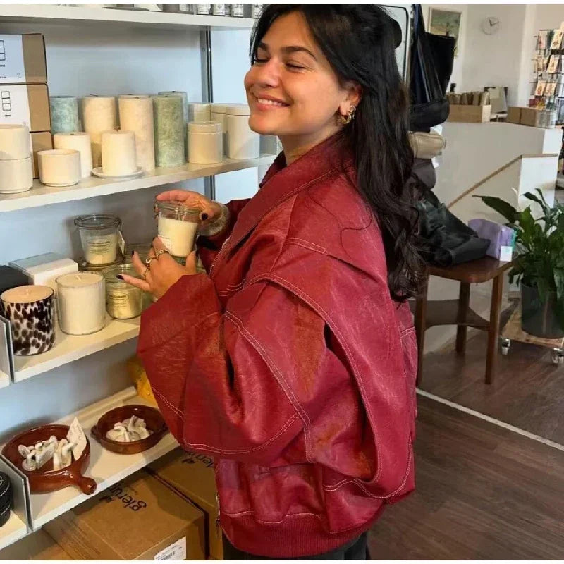 Fashion Green PU Leather Jacket Women Laple Zipper Loose Full Sleeve Single Breasted Cropped Coat 2024 New Lady Solid Streetwear