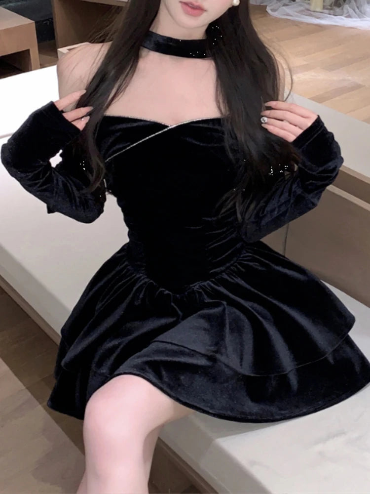 Off Shoulder Black Velvet One Piece Dress Women French Elegant Long Sleeved Princess Dresses Fashion Puffy Birthday Short Dress