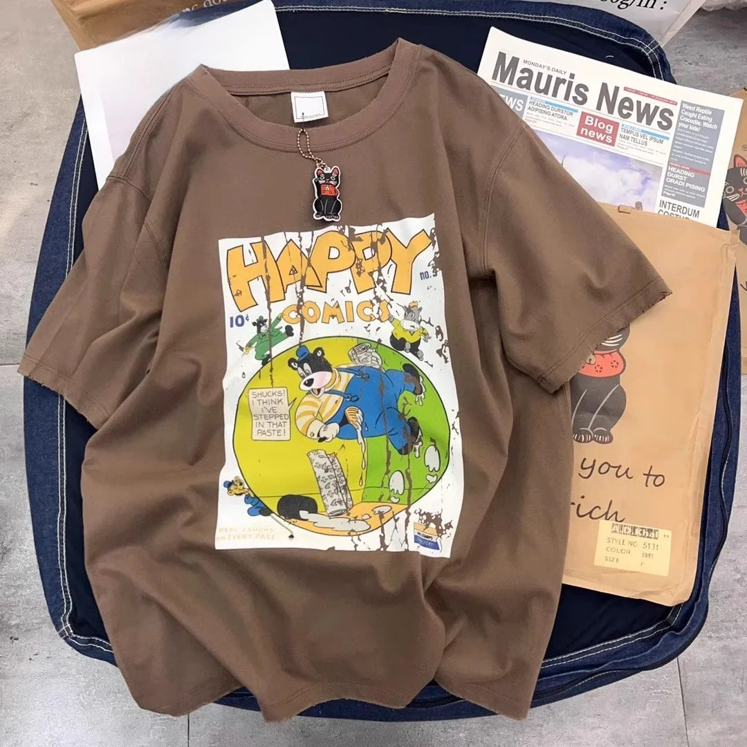 Retro Japanese Cartoon Print Loose ort Sve T-irt Women's Summer Korean Sle Chic Hong Kong Sle Student f Sve Top