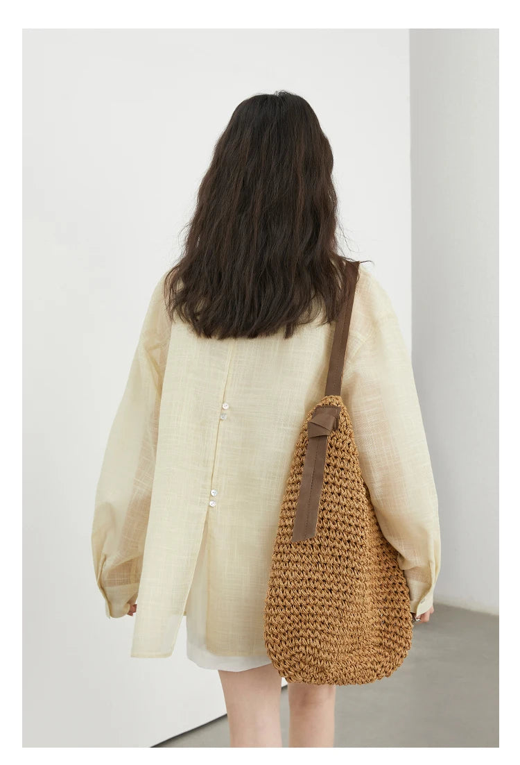 CHIC VEN New Women Shirt Retro Loose Casual Single Breasted Long Sleeve Back Slit Thin Transparent Female Blouses Summer 2025