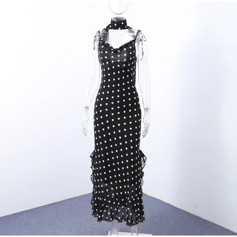 Retro Polk Dot Long Dress With Ribbon Women Sexy Low Cut Sleeveless Pleated Slim Evening Dresses Female Spring Chic Street Party