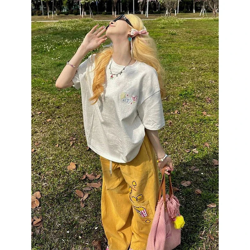 Y2K Cargo Pants Women Oversized Embroidery Sweatpants Harajuku High Waist Wide Leg Joggers Streetwear Korean Baggy Trousers New