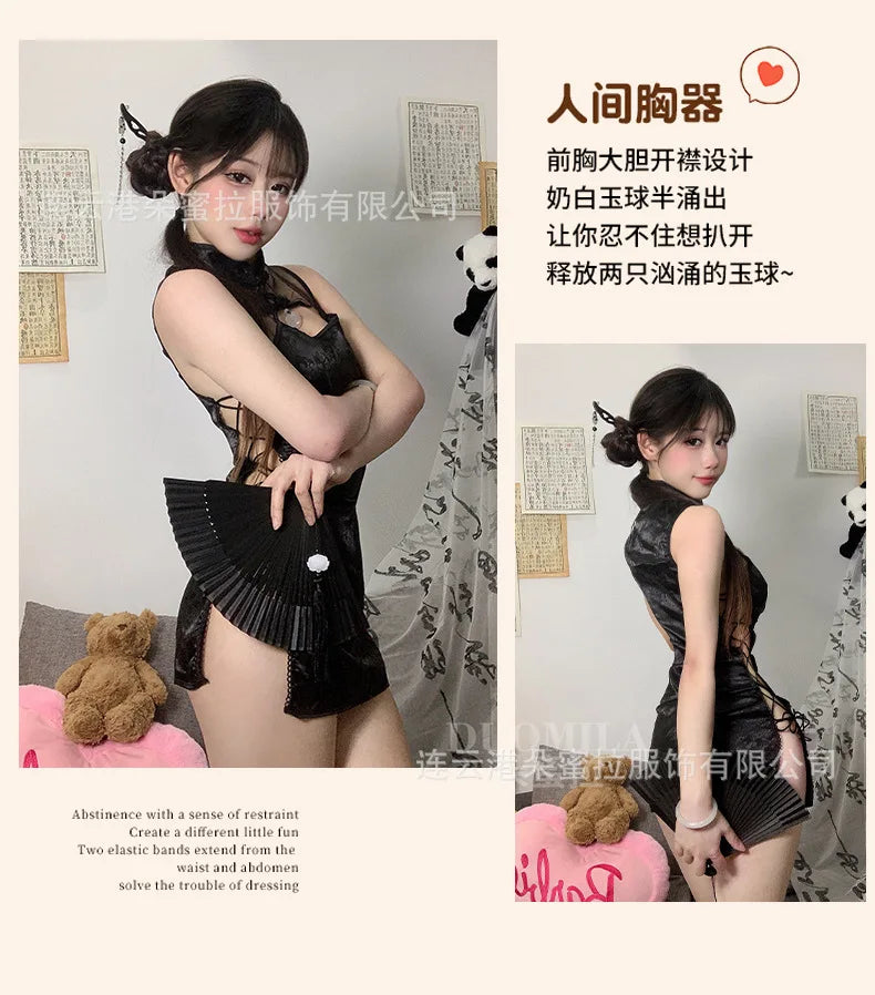 Sexy Cheongsam Mini Dress Mesh Lace Sheer Charming Underwear Uniform Transparent Slim Side Straps Dress Elegant Tops HE1O