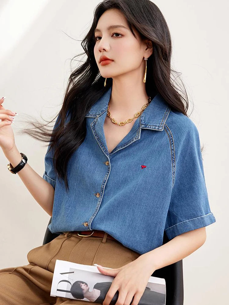 Casual Denim Shirts For Women 2024 Fashion Vintage Short Sleeve Loose Shirt Korean Style Single-Breasted Commuting Tops