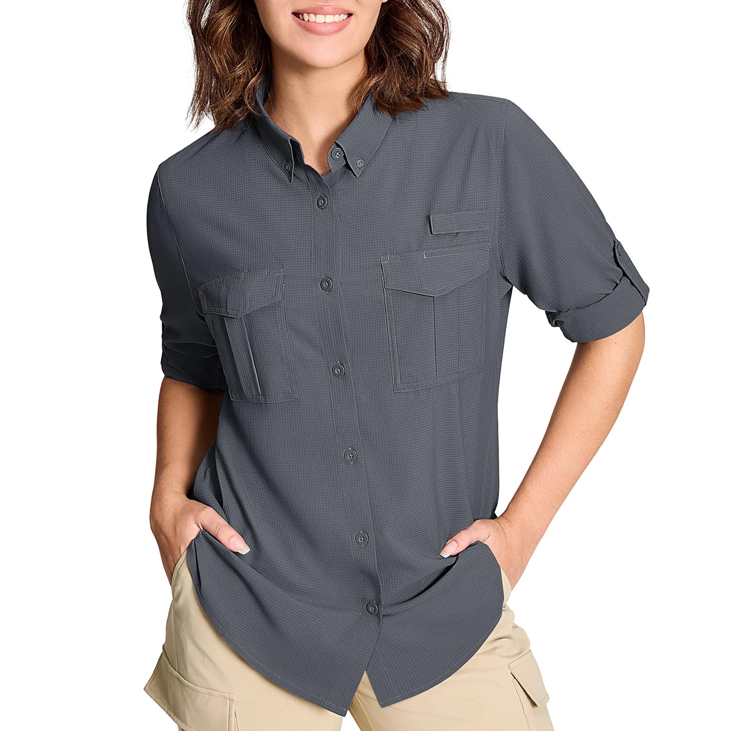 TACVASEN Womens UPF 50+ Fishing Shirts UV Block Quick Dry Long Sleeve Cargo Shirts Breathable Mesh Outdoor Trekking Hiking Shirt