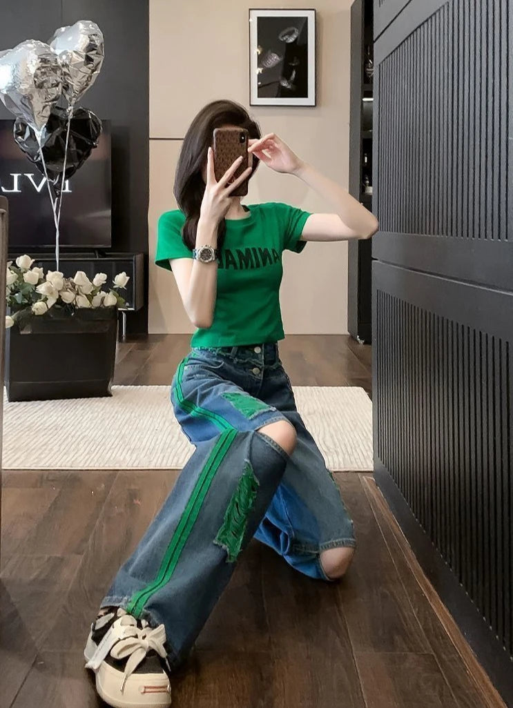 Wide Leg Denim Pants for Women Straight High Waist Shot Trousers Loosefit Fitted 2025 Quality Korean Fashion Woman Ripped Jeans