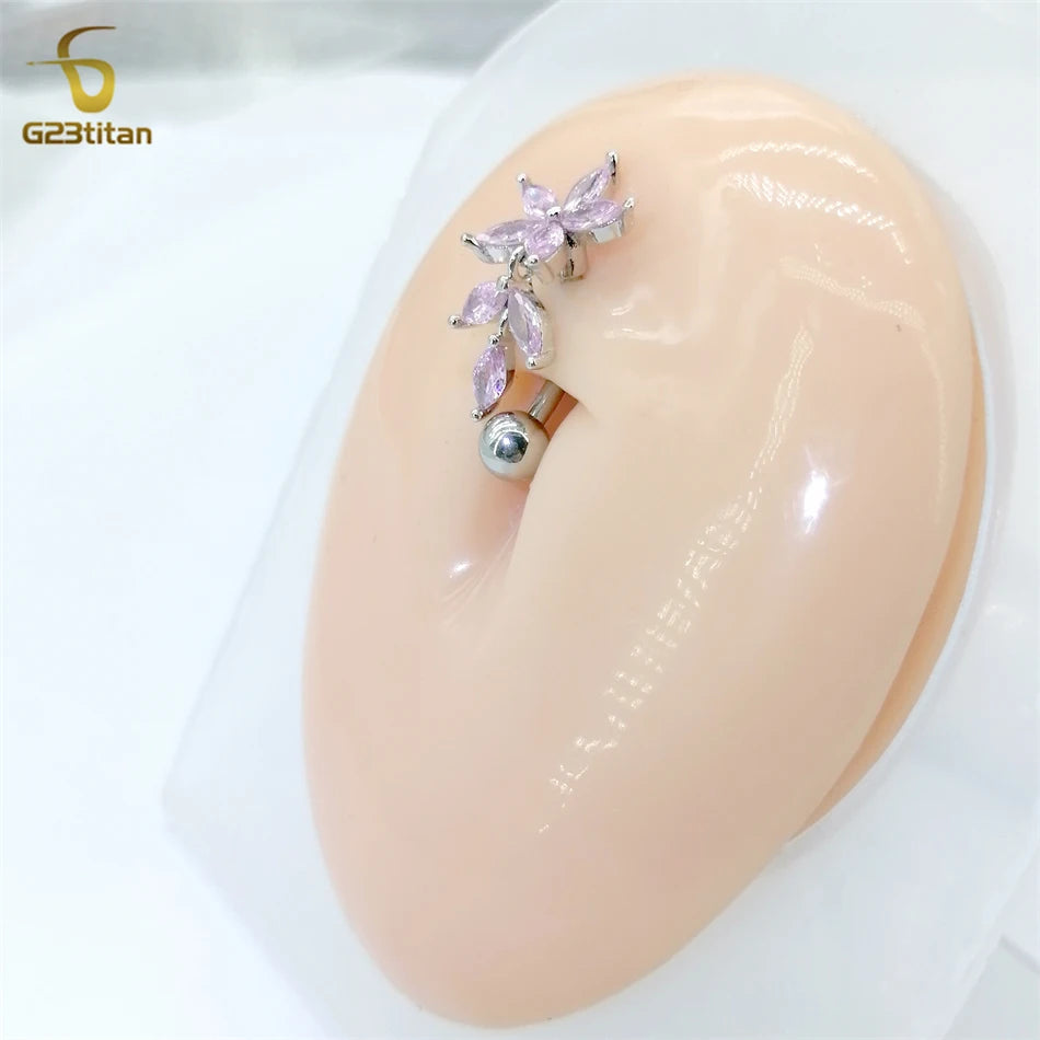 G23titan Pink Zircon Flower Belly Button Ring for Women 14G 6-16mm Titanium Curved Barbell Reverse Nave Bar Crystal Body Jewelry