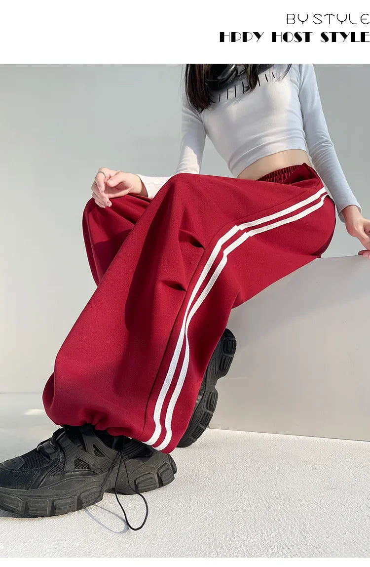 New 2025 American Stripe Sports Pants Women's Spring Autumn Wide Leg Loose Jazz Dance Casual Parachute Long Trousers