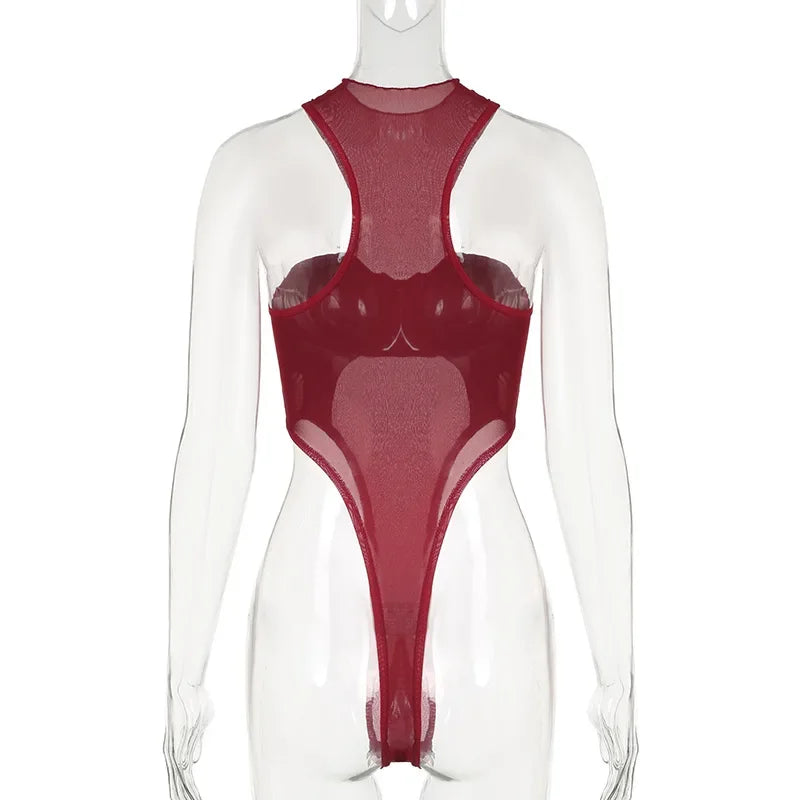 Red Lingerie Sexy Bodysuit Transparent Mesh Body Feminino Neck-mounted One-pieces Backless Tops For Women Y2k Clothes Bustier