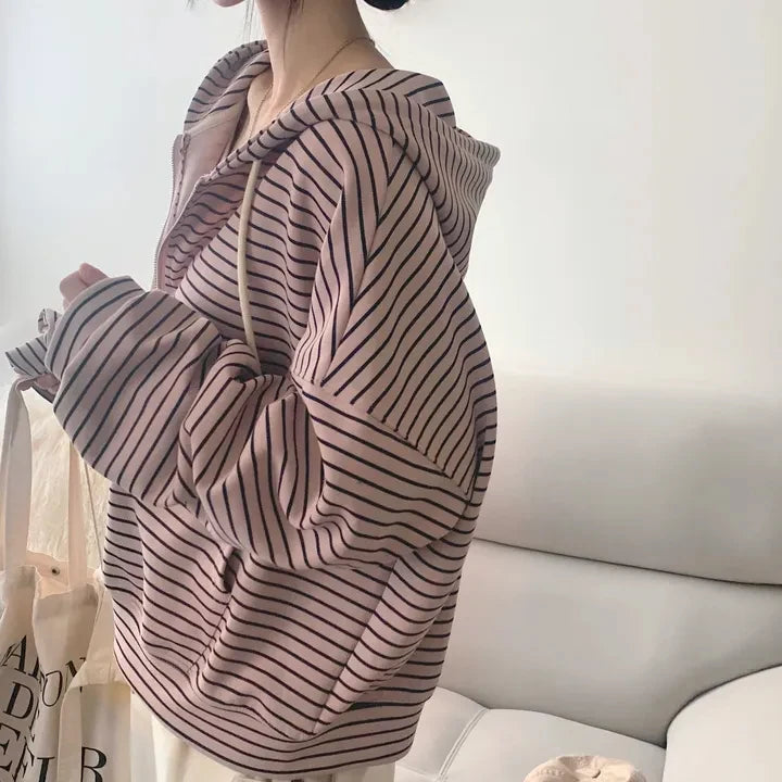 Spring 2025 Women's Chic Loose Casual Lazy Sle Striped Hooded Jaet with ket Open Cardigan Sweatirt Comfortable Fit