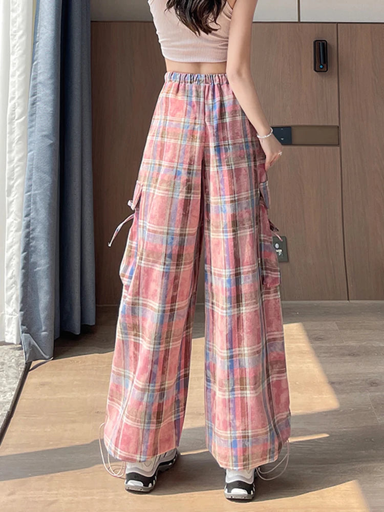 Zoki Women Streetwear Plaid Cargo Pant Vintage Loose High Waist Pockets Trousers Y2K American Casual Hip Hop Lace Up Bf Pants