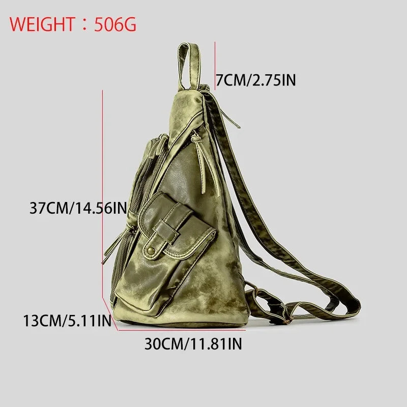 Annmouler Designer Backpacks for Women Soft Washed Letaher Sling Chest Bag Vintage Multi-pockets Punk Style Small Bag