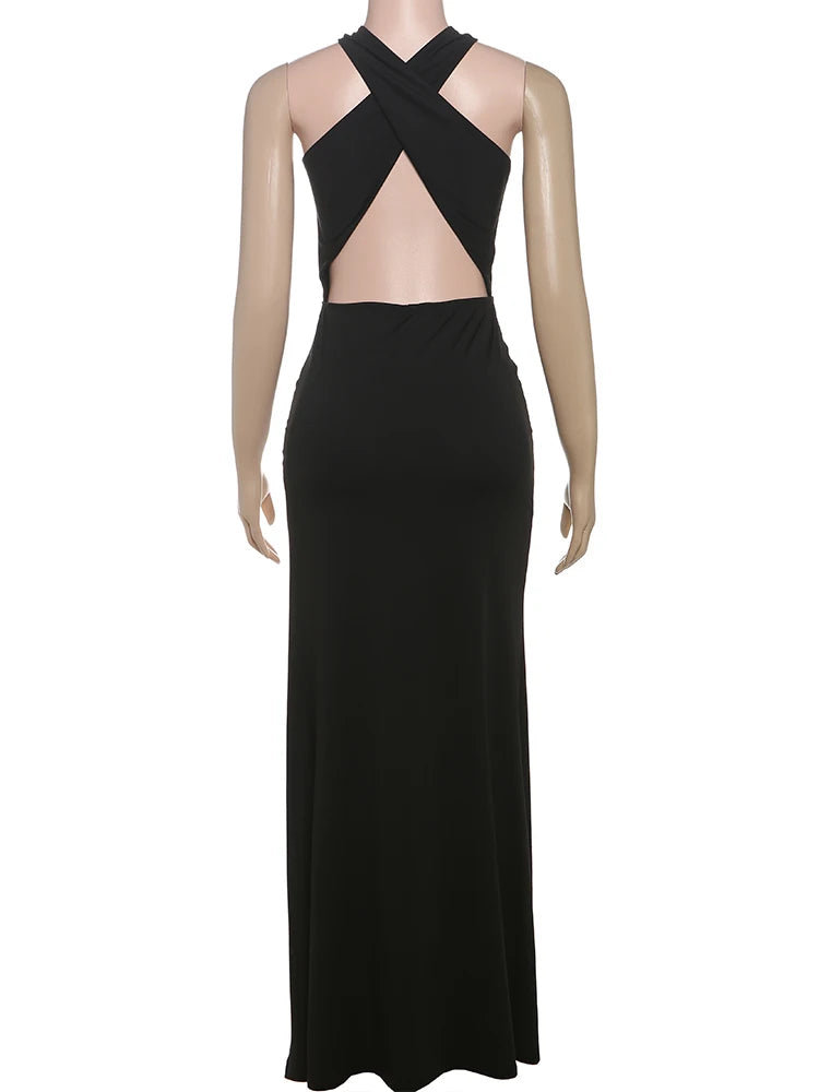 Nibber High Splits Maxi Dress Women Sexy Backless Irregular Hollow Cross Knot Skinny Midnight Prom Party Temperament Outfits