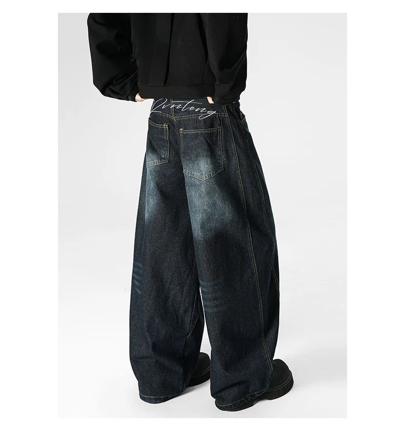 Hip Hop American Sle Wide Leg Men's Jeans Loose Fit Autumn Winter Trendy Vintage Waed Floor-Length Trousers