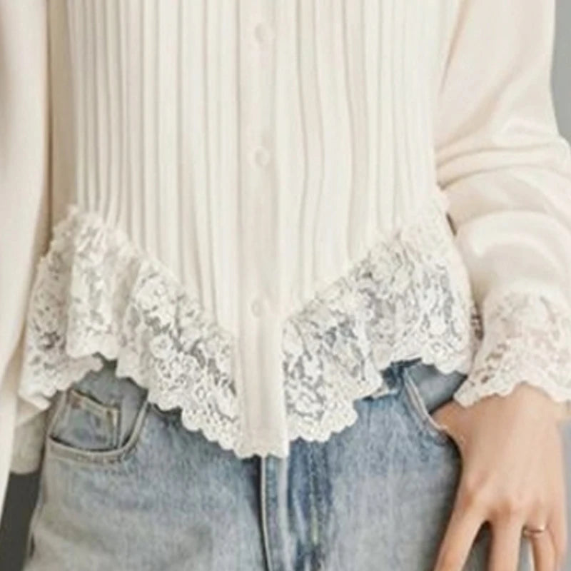 Spring Autumn New Solid Color Turn-down Collar Long Sleeve Fashion Shirt Women High Street Casual Button Patchwork Lace Cardigan