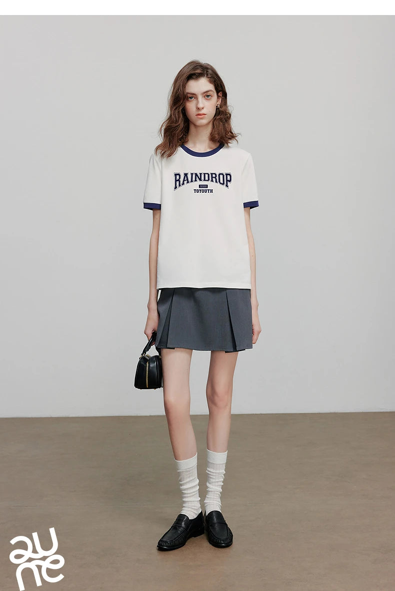 TOYOUTH Women Short Sleeve T shirt 2025 Summer New Color Blocked Letter American Style Antibacterial Cotton Tops GT5210004