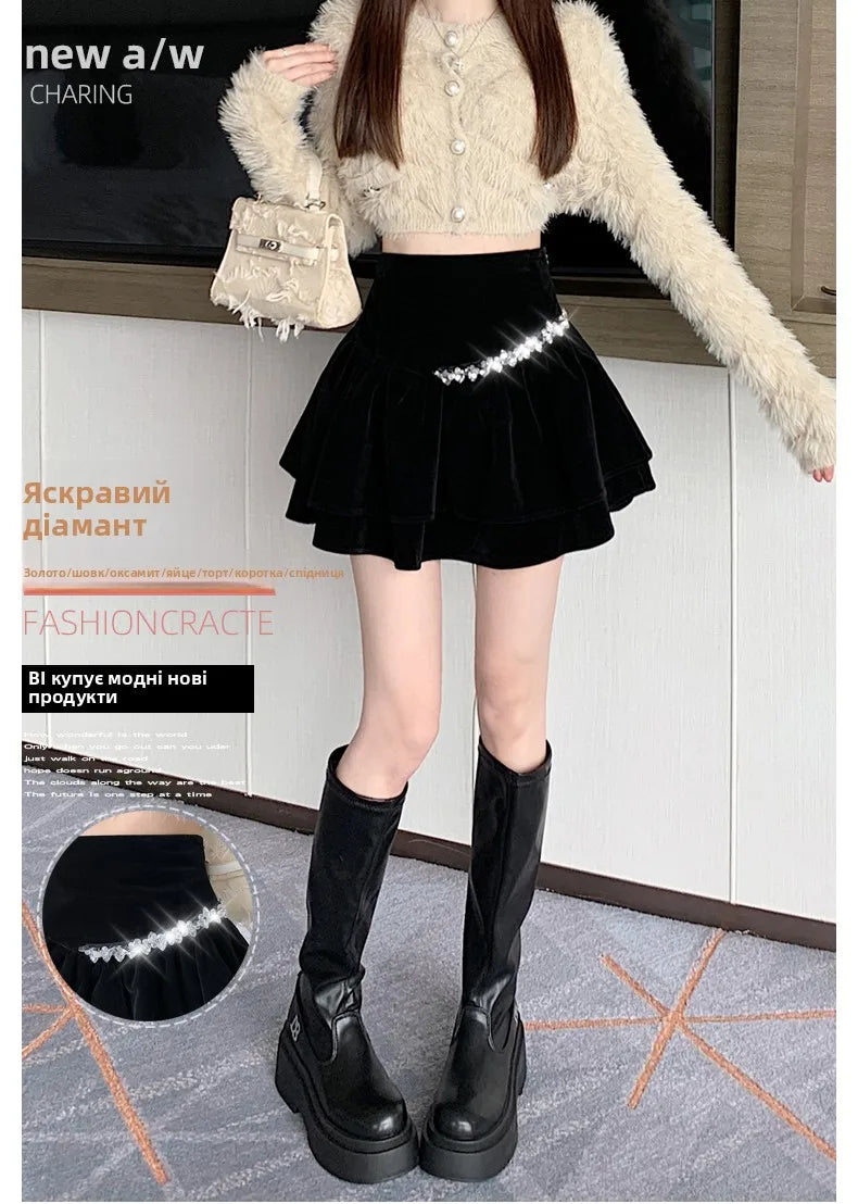Bla Velvet Cake f Skirt Women's Autumn Winter High Waist A-Line Fluffy ort Skirt Small Size Pleated f Skirt